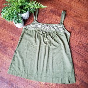Lucky Brand Green & Tan Embroidery Tank Top Sz. S